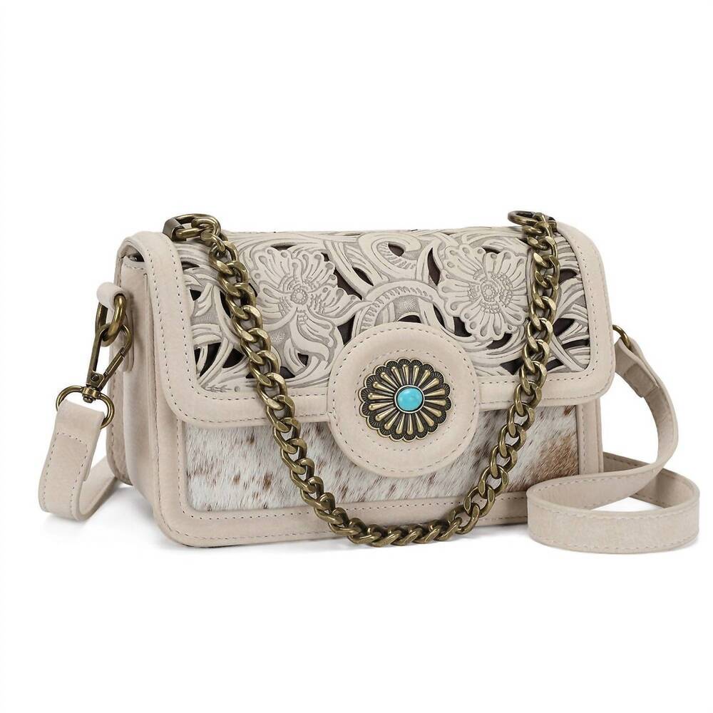 NEW TRINITY RANCH cowhide floral cutout crossbody bag in tan